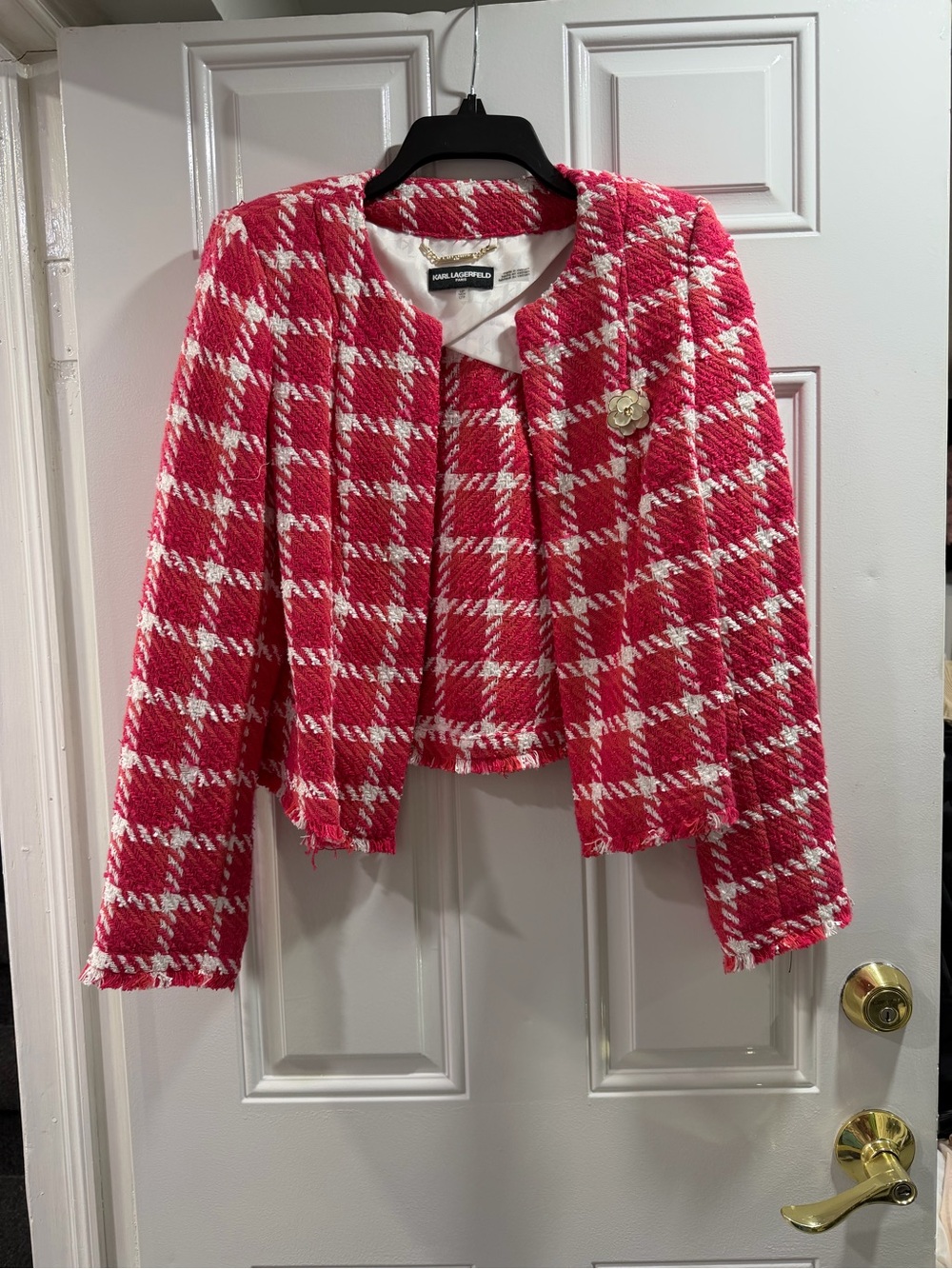 Karl Lagerfeld Pink & White Tweed Jacket with Gold Chain Detail